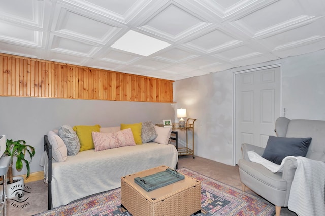 carpeted living room featuring coffered ceiling