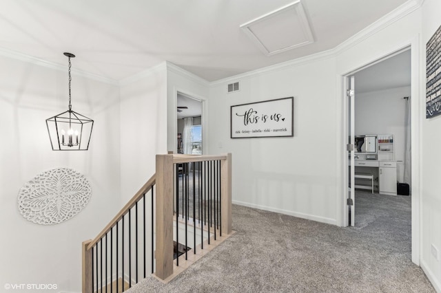 corridor with carpet floors and crown molding