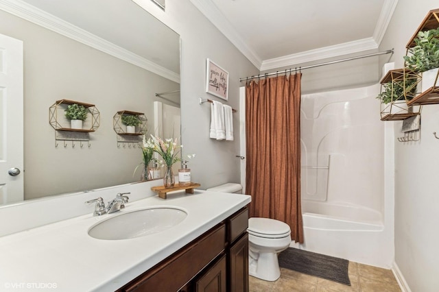 full bathroom featuring tile patterned floors, shower / tub combo with curtain, toilet, vanity, and ornamental molding