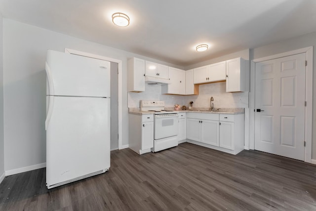 kitchen featuring decorative backsplash, white appliances, dark wood-type flooring, white cabinets, and sink