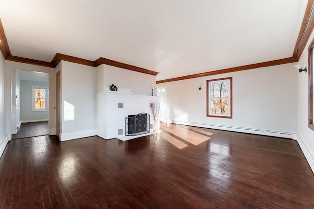 unfurnished living room with baseboard heating, a fireplace, dark hardwood / wood-style flooring, and crown molding