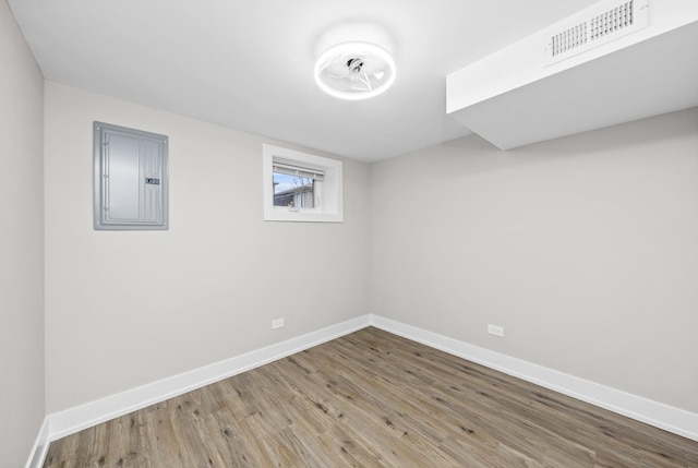 interior space with wood-type flooring and electric panel