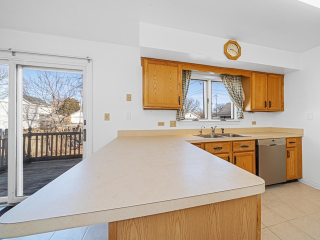 kitchen with a sink, plenty of natural light, dishwasher, and a peninsula