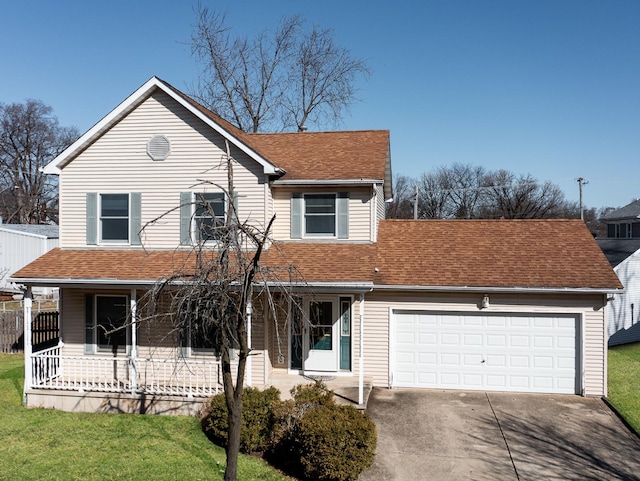 traditional-style home featuring a garage, covered porch, driveway, and a shingled roof