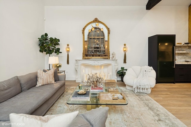 living room featuring hardwood / wood-style floors and a premium fireplace