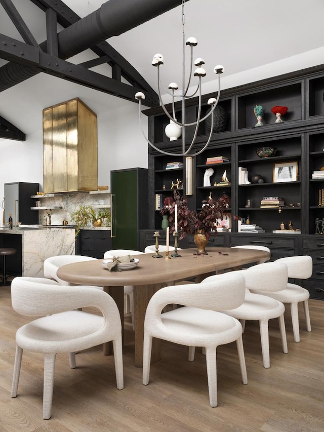 bar featuring light hardwood / wood-style flooring, fridge, tasteful backsplash, built in fridge, and a chandelier