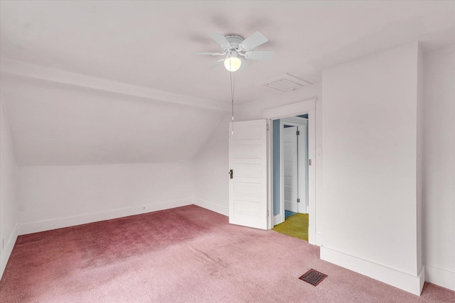 bonus room with ceiling fan, lofted ceiling, and carpet floors