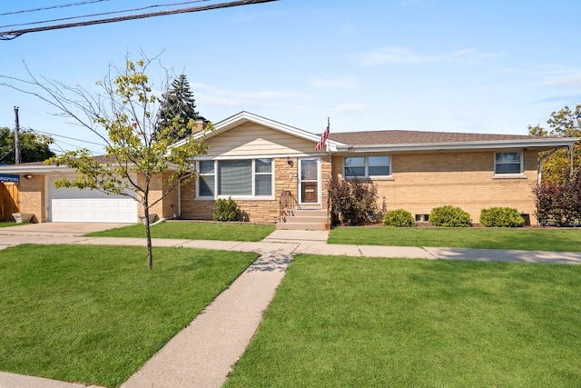 single story home with a garage and a front lawn