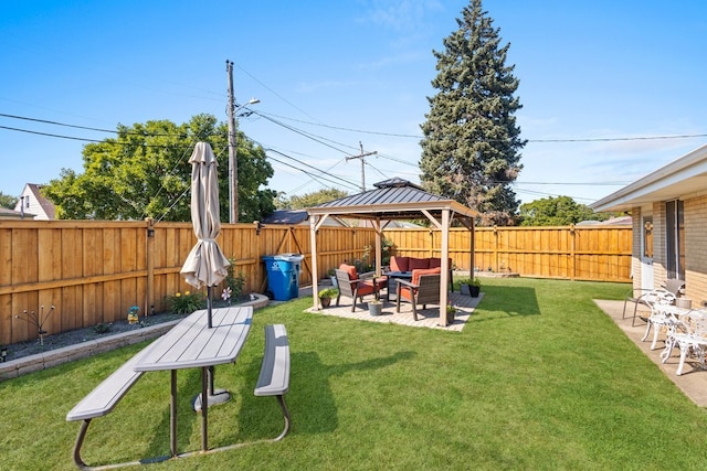 view of yard with a patio area, a gazebo, and outdoor lounge area