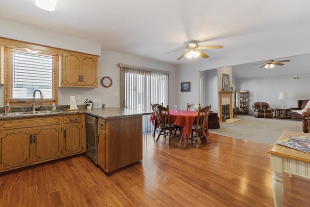 kitchen with sink, light wood-type flooring, stainless steel dishwasher, kitchen peninsula, and ceiling fan