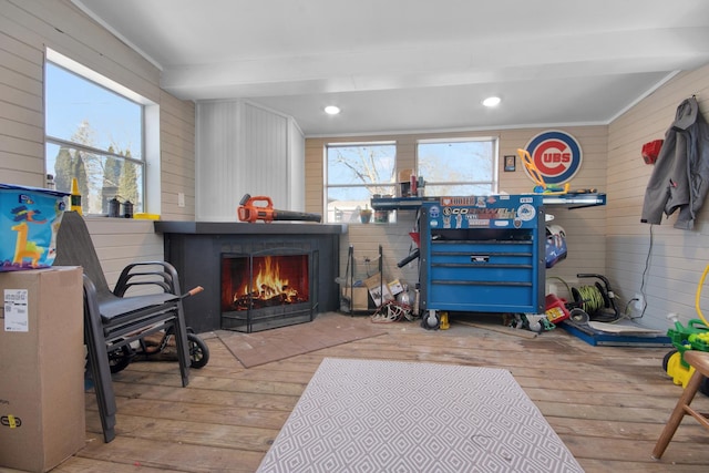 wooden deck with a fireplace