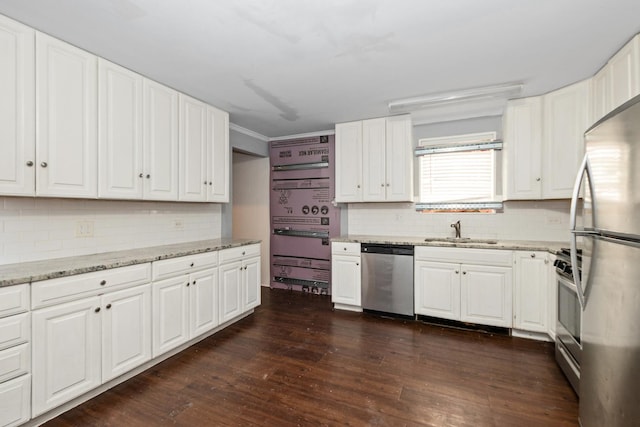 kitchen with white cabinetry, sink, dark hardwood / wood-style flooring, and stainless steel appliances