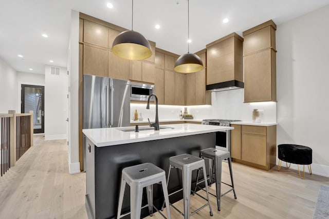 kitchen featuring visible vents, custom exhaust hood, a sink, stainless steel appliances, and light countertops