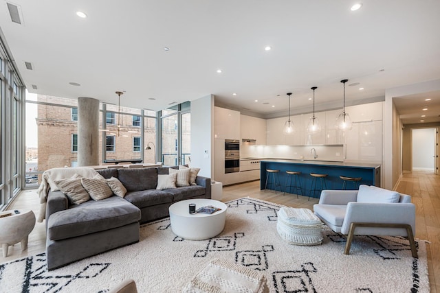 living room featuring light hardwood / wood-style flooring and expansive windows