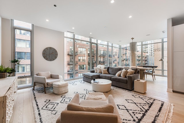 living room with expansive windows and light hardwood / wood-style flooring