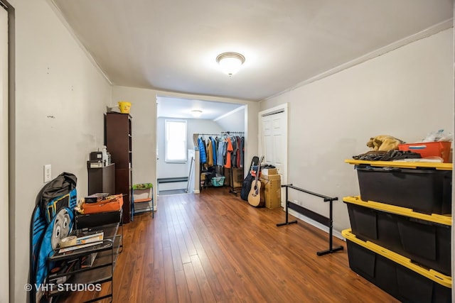 misc room featuring dark hardwood / wood-style flooring and vaulted ceiling