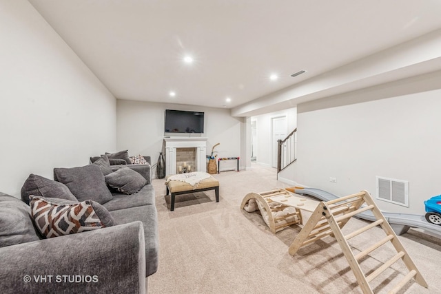 living room with light carpet