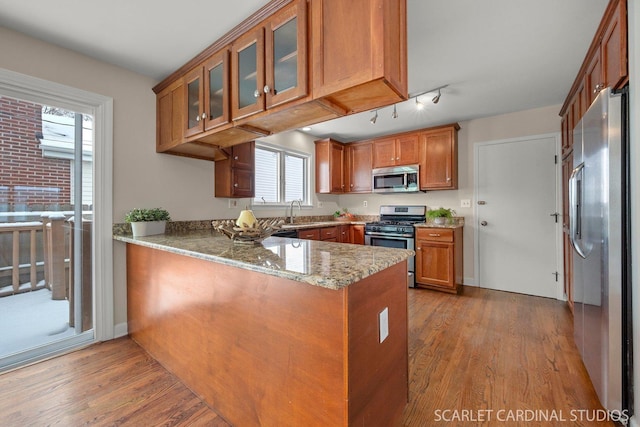 kitchen featuring light wood-type flooring, kitchen peninsula, appliances with stainless steel finishes, and light stone counters