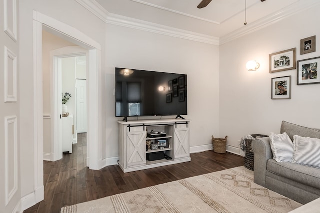 living room featuring crown molding, dark hardwood / wood-style floors, and ceiling fan