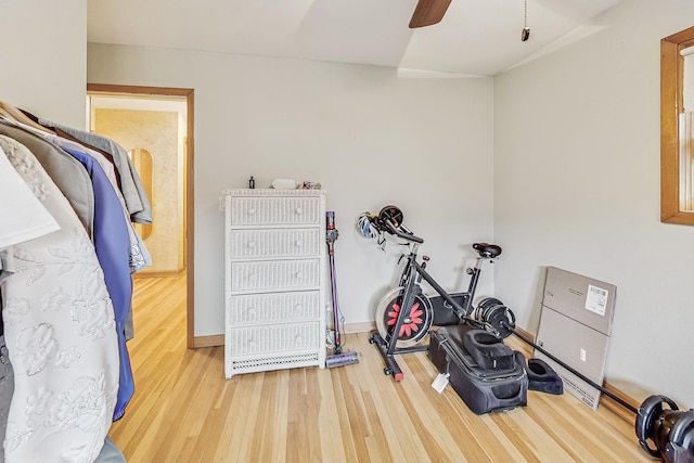 workout area featuring ceiling fan and hardwood / wood-style floors