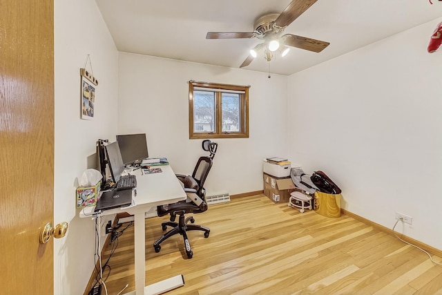 home office featuring ceiling fan and light hardwood / wood-style floors