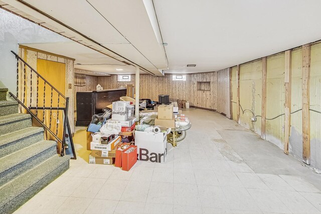 basement with wood walls