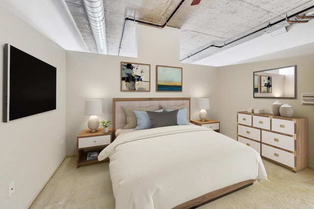 bedroom featuring ceiling fan and light colored carpet