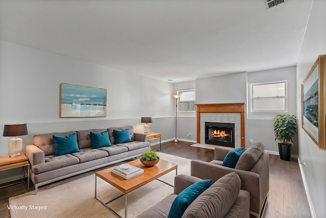 living room featuring a fireplace and wood-type flooring