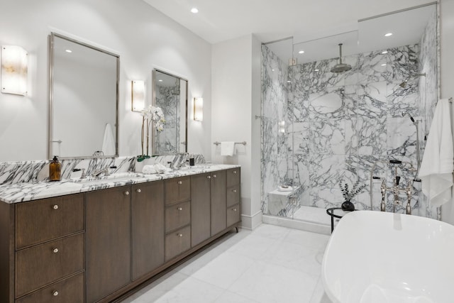 bathroom featuring plus walk in shower and vanity