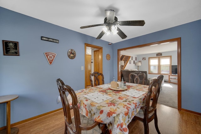 dining room with ceiling fan and light hardwood / wood-style flooring