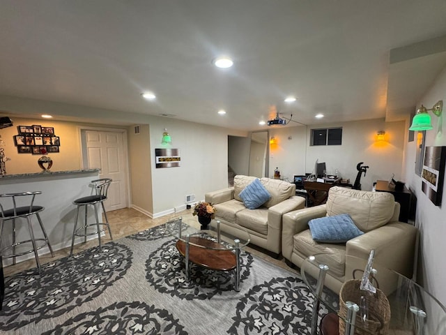 living room featuring indoor bar