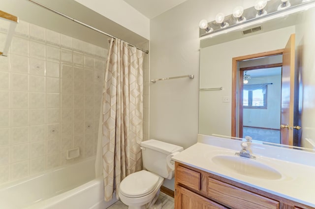 full bathroom featuring visible vents, vanity, toilet, and shower / bath combo with shower curtain