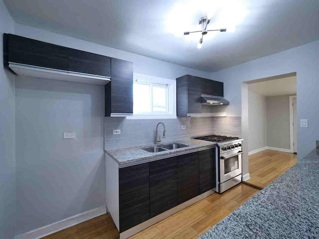 kitchen with light stone countertops, sink, light hardwood / wood-style floors, and high end stainless steel range oven