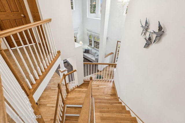 staircase with a notable chandelier, a high ceiling, and wood finished floors