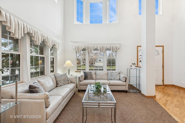 living area featuring a high ceiling, baseboards, and wood finished floors