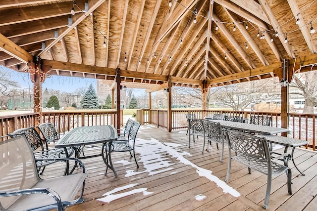 snow covered deck with a gazebo