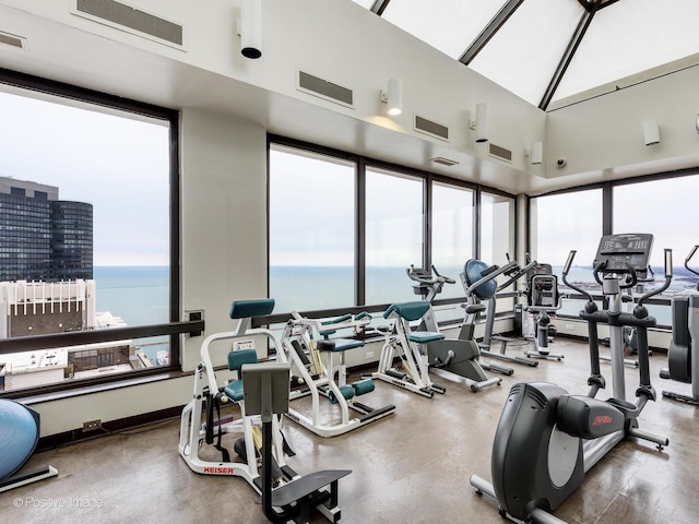 exercise room with a water view and plenty of natural light