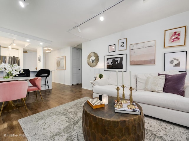 living room with track lighting and dark hardwood / wood-style floors