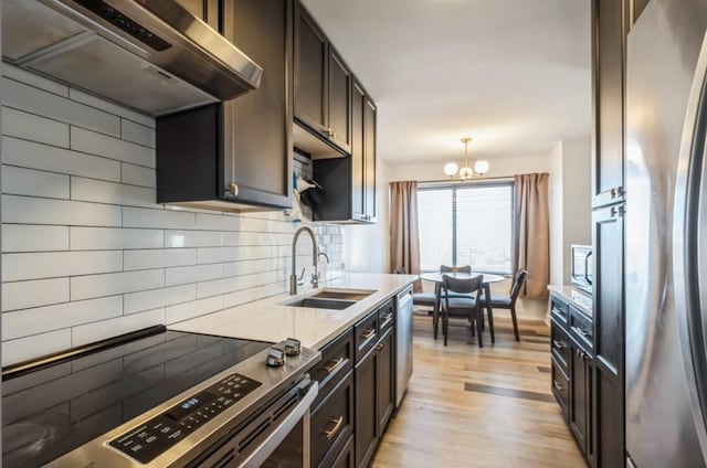 kitchen featuring exhaust hood, stainless steel appliances, tasteful backsplash, hanging light fixtures, and sink