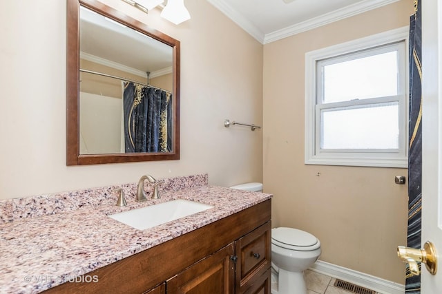 bathroom featuring tile patterned floors, vanity, toilet, walk in shower, and crown molding