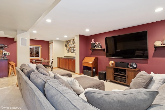 living room with light colored carpet