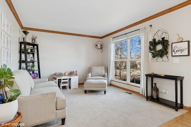 carpeted living room with ornamental molding