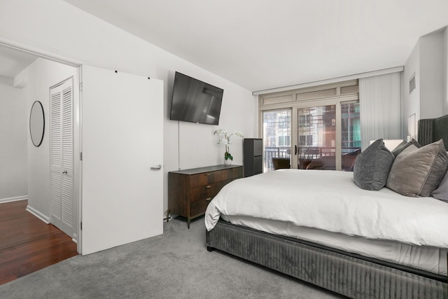 bedroom featuring carpet floors, a closet, and access to exterior