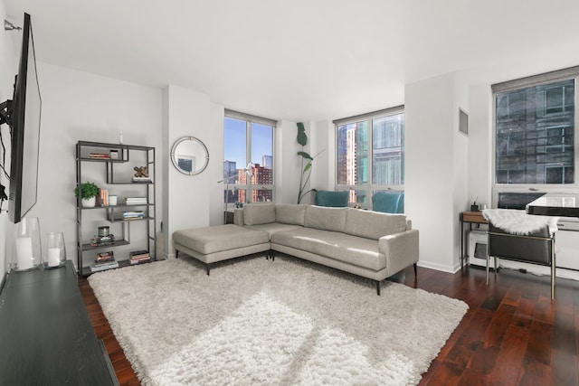 living room with dark hardwood / wood-style floors