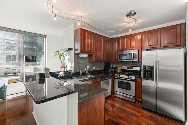 kitchen with kitchen peninsula, appliances with stainless steel finishes, sink, and track lighting