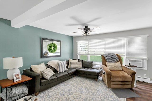 living room featuring ceiling fan, a baseboard heating unit, beam ceiling, wood-type flooring, and cooling unit