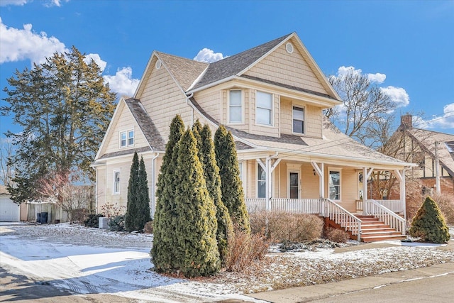 view of front of property with covered porch, roof with shingles, and central AC unit