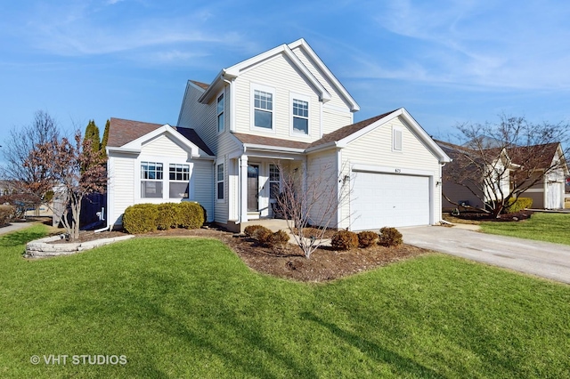 view of front of house with a garage and a front lawn