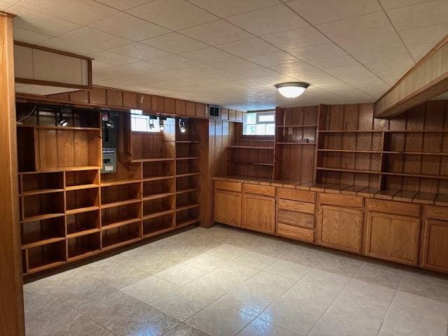 basement featuring wood walls