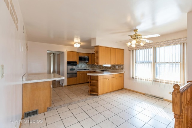 kitchen featuring open shelves, visible vents, appliances with stainless steel finishes, and light tile patterned flooring